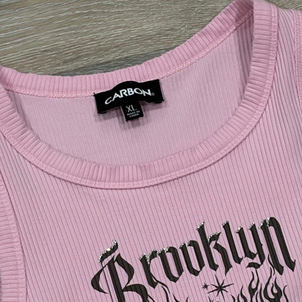 Carbon Pink Brooklyn New York Rhinestone Ribbed Tank Top XL Y2K‎ Graphic Tee